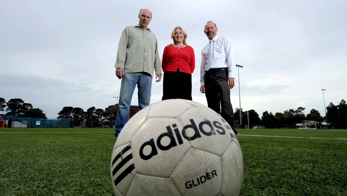 Duncan Smith, Sharon Knight and Geoff Howard are calling on the government to help attract football teams to Ballarat for the Asian Cup. PICTURE: JUSTIN WHITELOCK