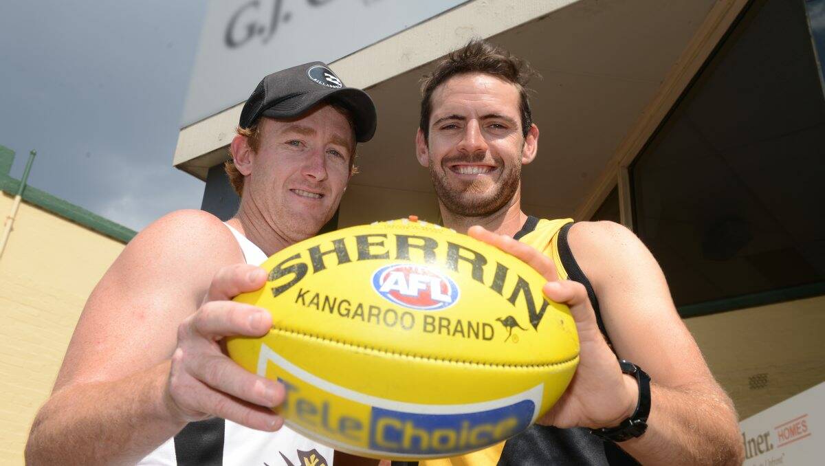 Star recruit: Springbank coach Sam Giblett with Paul McMahon, who is joining the Tigers after a big career in the VFL. PICTURE: KATE HEALY