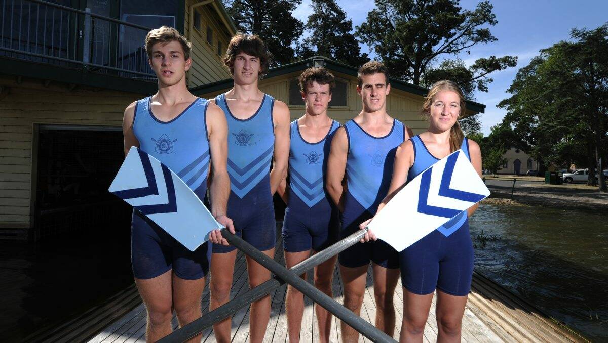  Ballarat High School: The boys’ open division one crew, from left, Mark Nikolic, Geordie Lukich, Patrick Hawkes, Sam Hodgetts and Emma Day. PICTURE: JUSTIN WHITELOCK