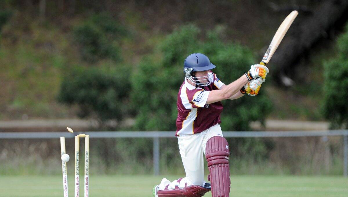 Brown Hill’s Sam Giblett is bowled out by Wendouree’s Eamon Johnson at last night’s BCA club Twenty20 clash. PICTURE: JUSTIN WHITELOCK