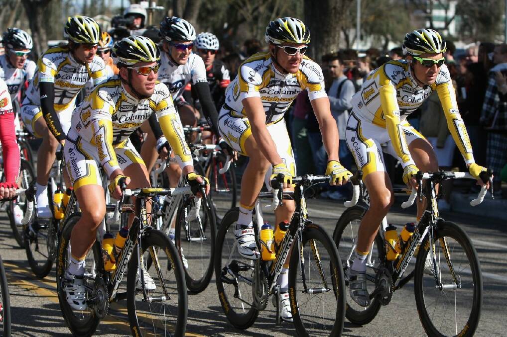 Adam Hansen, centre, in this file photo with teammates Mark Cavendish and Michael Barry, has the distinction of being the first Australian cyclist to complete the three grand tours and is hoping to carry over this form into the Mars Cycling Australia Road National Championships at Buninyong on Sunday, January 13.