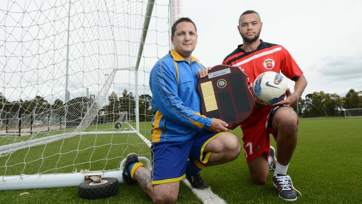 Fundraiser: Sebastopol Vikings’ player Anton Maggi, left, and Ballarat Red Devils’ David King will face each other tonight in a charity shield match. PICTURE: ADAM TRAFFORD