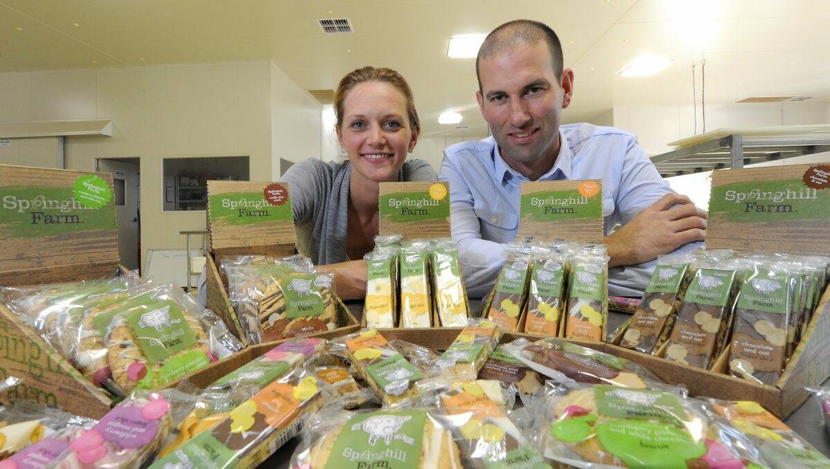 Springhill Farms marketing manager Fiona Whatley and her husband and Operations Manager James Whatley with their range of gluten free slices and biscuits. PICTURE: JEREMY BANNISTER