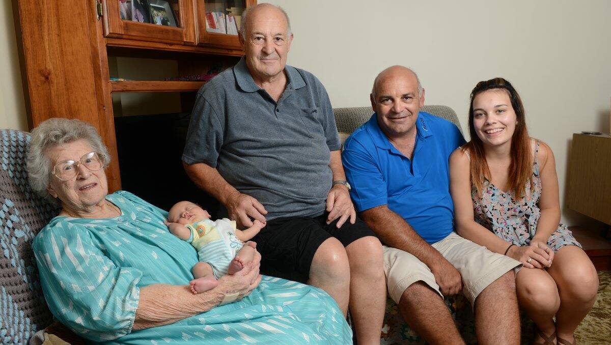 Five generations: Frances Harris with baby Oliver, and Charlie, Glenn and Keira Harris. PICTURE: ADAM TRAFFORD