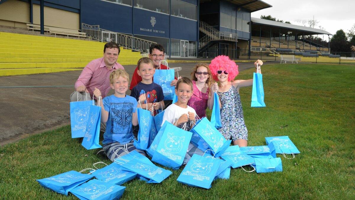 FUN: Getting ready for Ballarat Turf Club’s family fun day are from back left, Tully Smith and Lachlan McKenzie; front, Patrick Clarke-Thomas, Patrick McKenzie, Hugh McKenzie, Antonia Clarke-Thomas and Lauren McKenzie. PICTURE: JUSTIN WHITELOCK