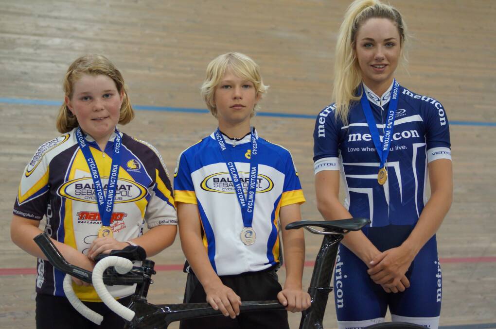Ballarat Sebastopol Cycling Club winners Rochelle Liston (left), Graeme Frislie and Emma Bilston at the  Victoria Track Cup.