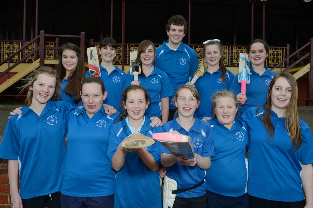 Golden Point has an all girls cricket side for the first time - last year they had three girls, this year they have a team of 14 - 15 under 14 girls. Front (LtoR)- Tayla Harris, Andrea Ladiges, Sarah Lidgett, Sophie Van De Heuvel, Tahlia Ingwersen and Bobby Moekotte Back- Kate Lidgett, Madeleine Ogilvie, Madison Donovan, Simon Ogilvie, Ebony Grace and Laura Prendergast. PICTURE: KATE HEALY