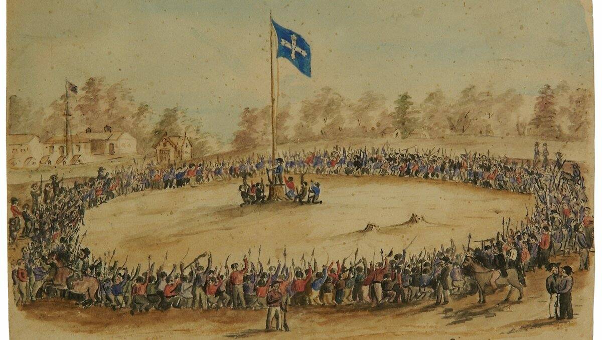 Charles A Doudiet, Swearing allegiance to the Southern Cross, 1854, watercolour, pen and ink on paper. 