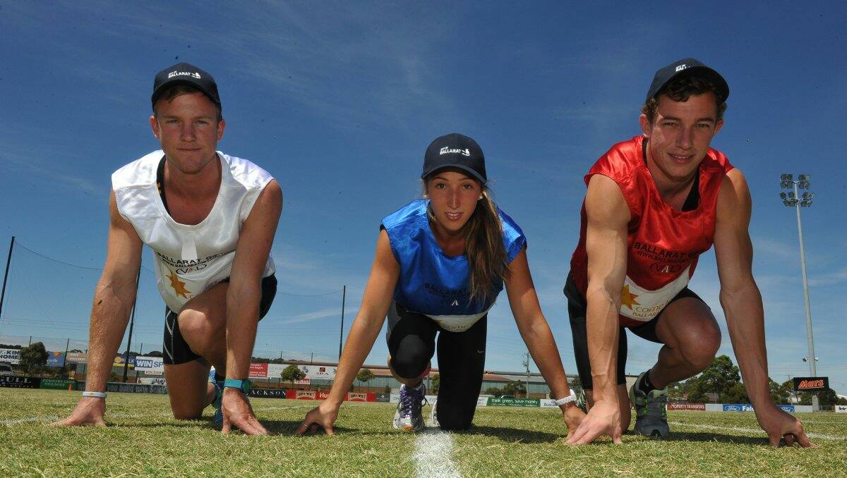 Ready to go:  Matt Wiltshire, Tara Domaschenz and Joel Bee test the track ahead of this weekend’s Ballarat Gift at Eureka Stadium. PICTURE: LACHLAN BENCE