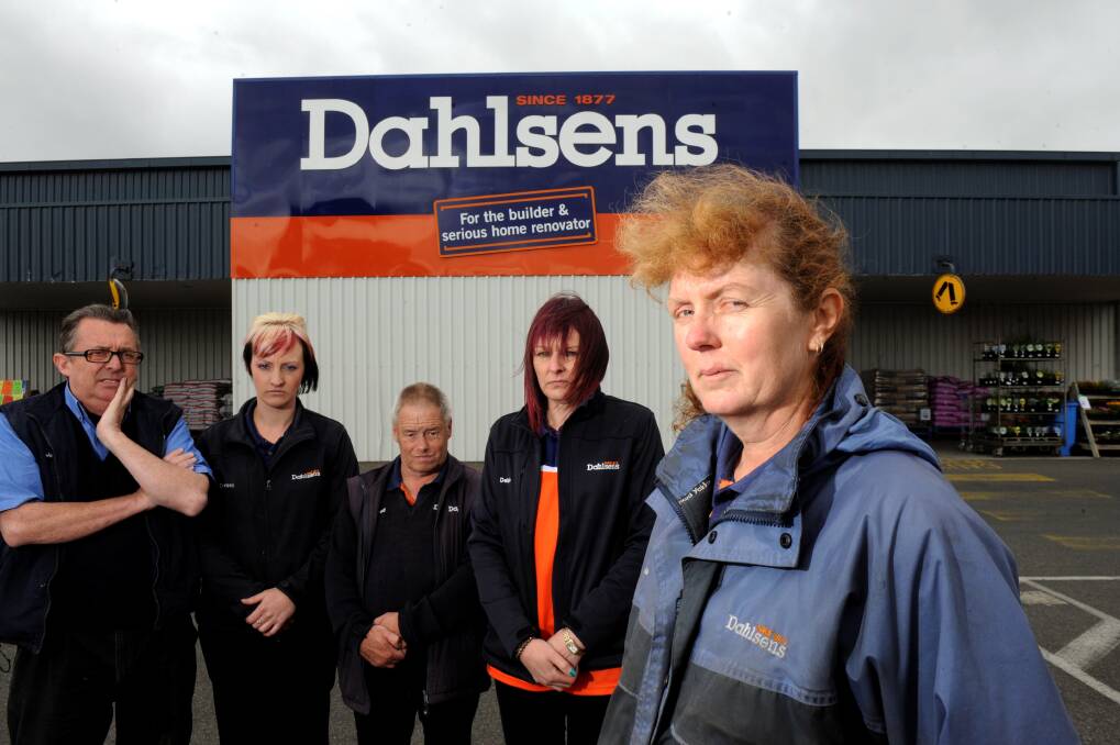 Dahlsens Hardware staff are angry about the store closing in Ballarat. From L-R John Lemmon, Debbie Anderson, Gerry Oughtred,Chrissy Parkinson and Lidina Constable. PICTURE: JEREMY BANNISTER  
