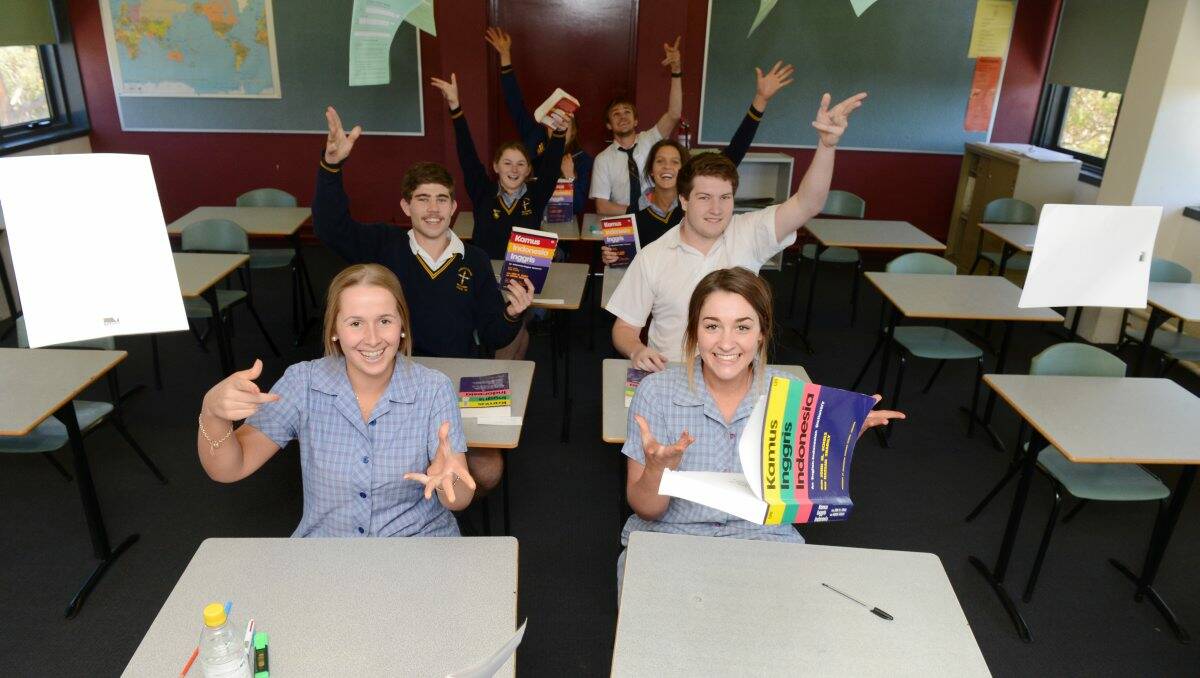 Celebrating the end of exams are  from left front to right front: Jemma Mathers, Lane Buckwell, Tarryn Harris, Anna Haintz, Joshua Darby, Melita Reid, Denby Walker and Zoe Nankivell.