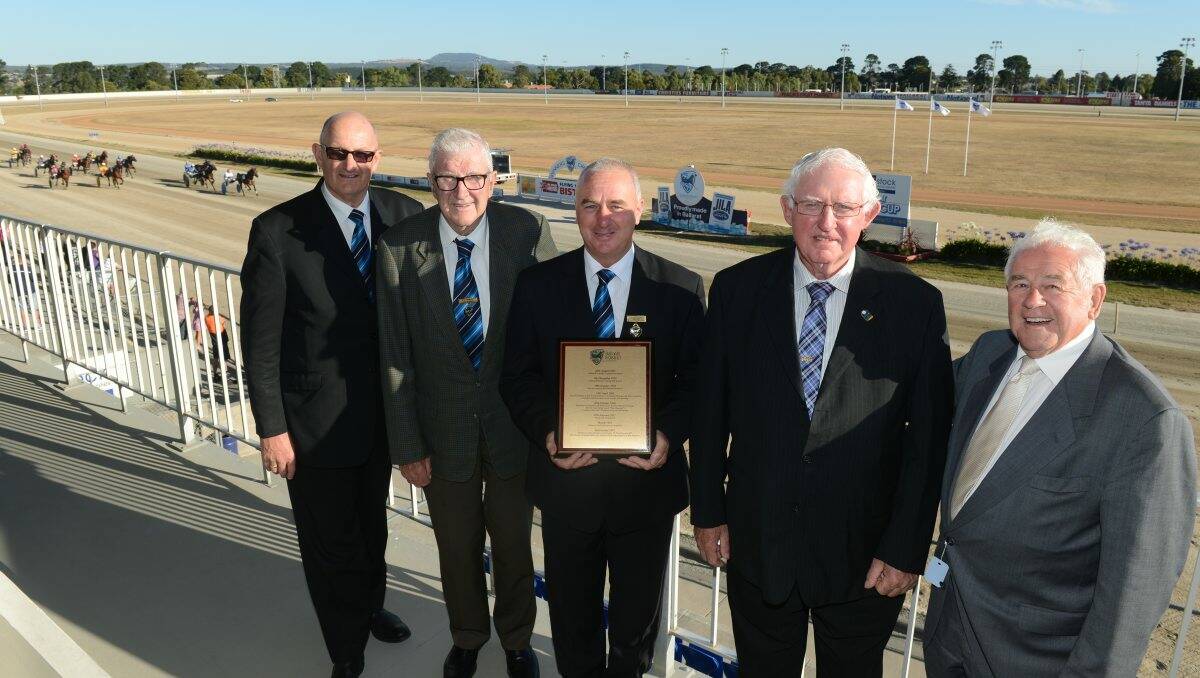 CELEBRATIONS: Ballarat and District Trotting Club marked 100 years since its first race meeting on Wednesday night as part of its centenary celebrations. A feature of the gathering was having five of the club’s presidents together. Existing president Greg Moy, centre, is pictured with past presidents Paul James (president 2000-2010) left, Brian Frawley (1981-86),  Pat Prendergast (1992-2000) and Peter Dow (1979-1981). Moy has been in the chair since 2010. The BDTC was formed in December, 1912, and had its first race meeting at Buninyong on January 18, 1913. The club’s major homes have been the Miners Racecourse (the existing site of Bray Raceway), Ballarat Showgrounds and Bray Raceway in its own right since the early 1960s.