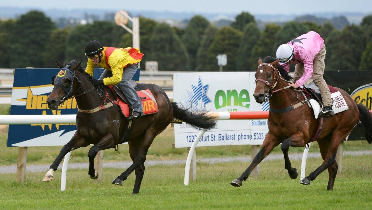 One to watch: The Mark Riley-trained I’m Too Sexy (Luke Currie) races away from Glockenspiel and Ready Cuz to take out a clockwise trial in Ballarat yesterday in readiness for the $200,000 Magic Millions Clockwide Classic on Cup day. PICTURE: ADAM TRAFFORD