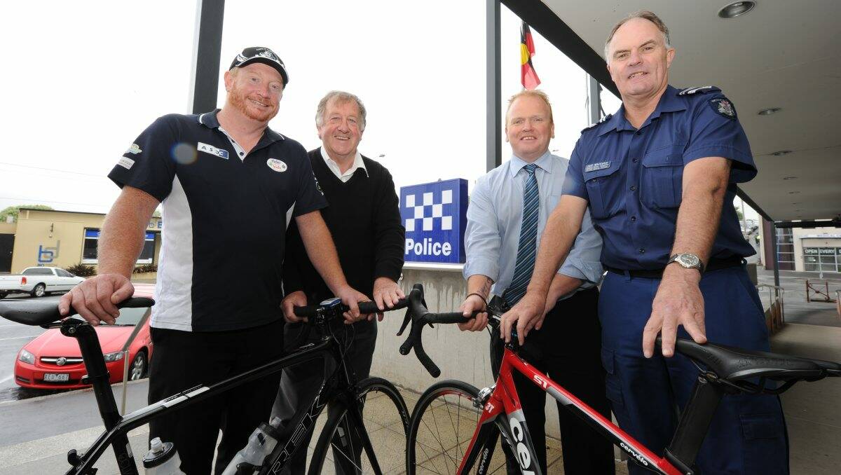 Good effort: Michael Colville (Woolworths), John Moloney (Cops ‘n’ Kids), Shane Darroch (Woolworths) and Leading Senior Constable Jeff Whittaker catch up following the recent ride. PICTURE: JUSTIN WHITELOCK 