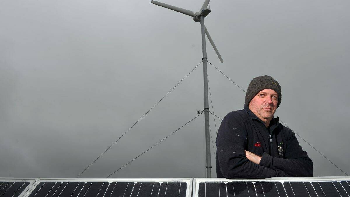 Legal woes: Bruce Bull bought a wind turbine and solar system for his house. Mr Bull says it doesn’t do the job it is supposed to do and he is currently in a dispute with Ballarat firm BDE about it. PICTURE: JUSTIN WHITELOCK