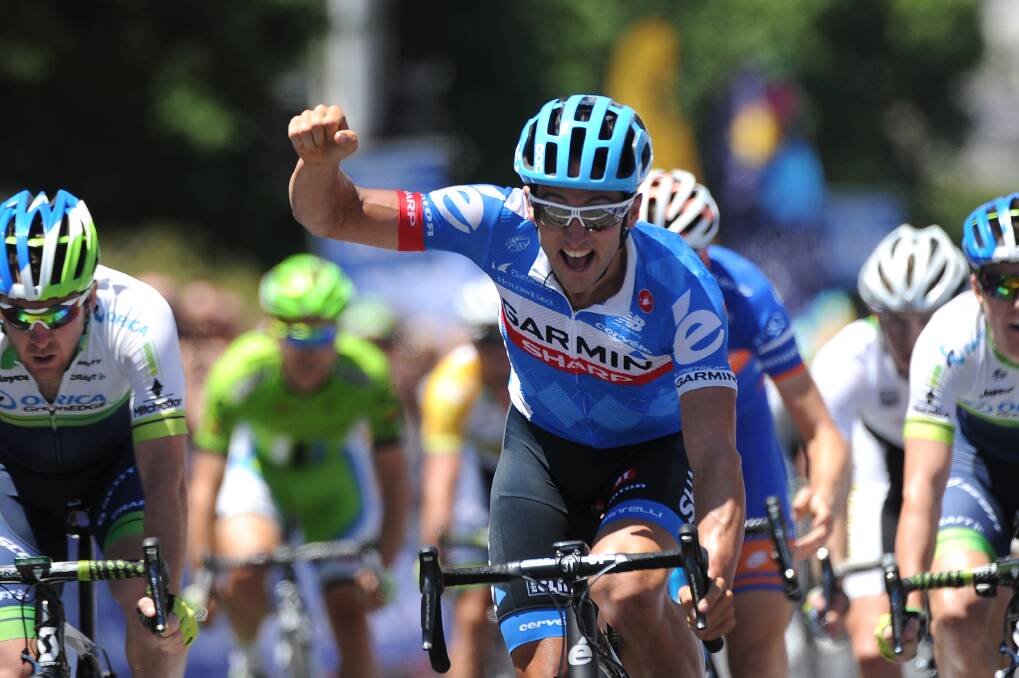 Nathan Haas celebrates his victory in stage one of the Sun Tour.