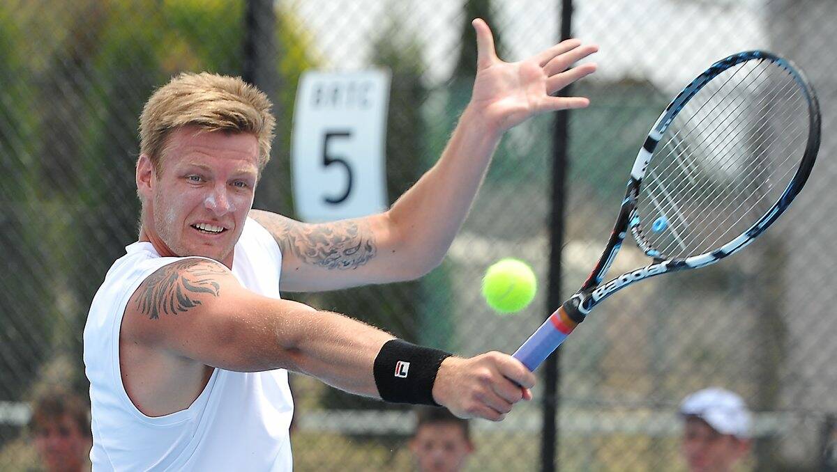  Sam Groth blasts his way to victory in the Ballarat Open Gold Australian Money Tournament at Ballarat District Tennis Centre yesterday. PICTURE: LACHLAN BENCE