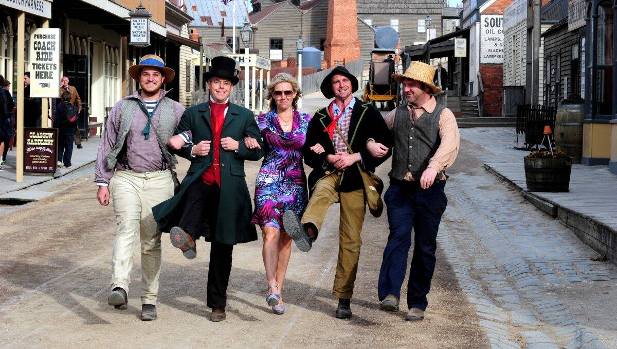 Ready for the charity walk are Fiona Elsey Cancer Research Institute board member Paula Nicholson (centre) with Sovereign Hill staff members Hayden Larkin, Jarrod Page, Mark Burnett and Wes Scott.
