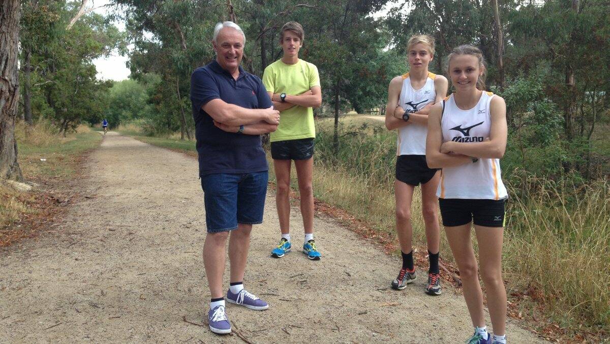 Coach Rod Griffin, with young Ballarat runners Jack Davies, Stewart McSweyn and Courtney Scott, will travel to Poland for the World Cross Country Championships.