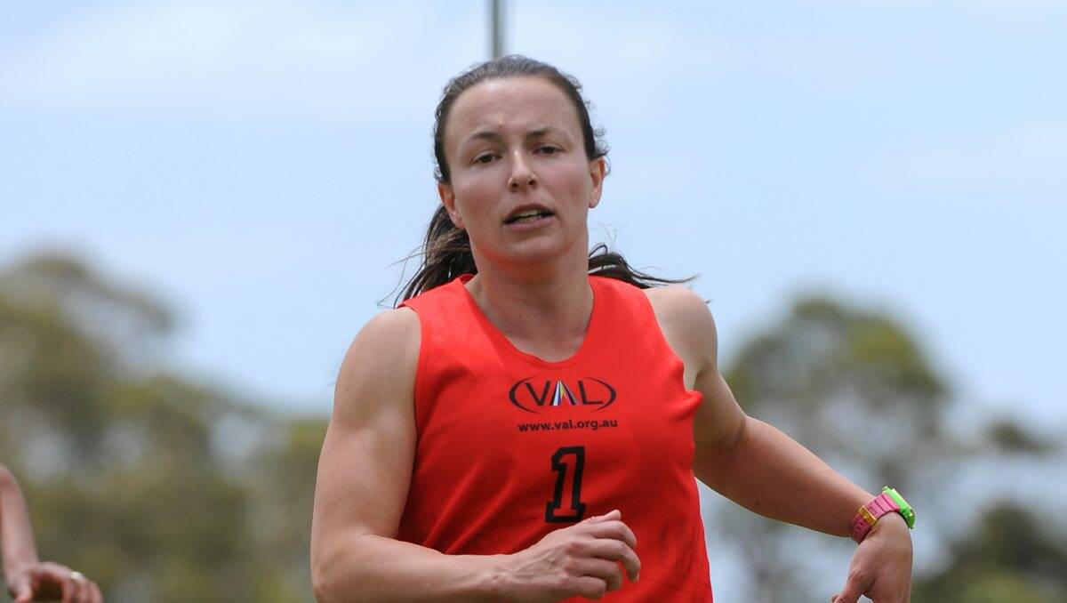 Geelong’s Angela Byrt charges to victory in the women’s 100m handicap at Cricket Willow.