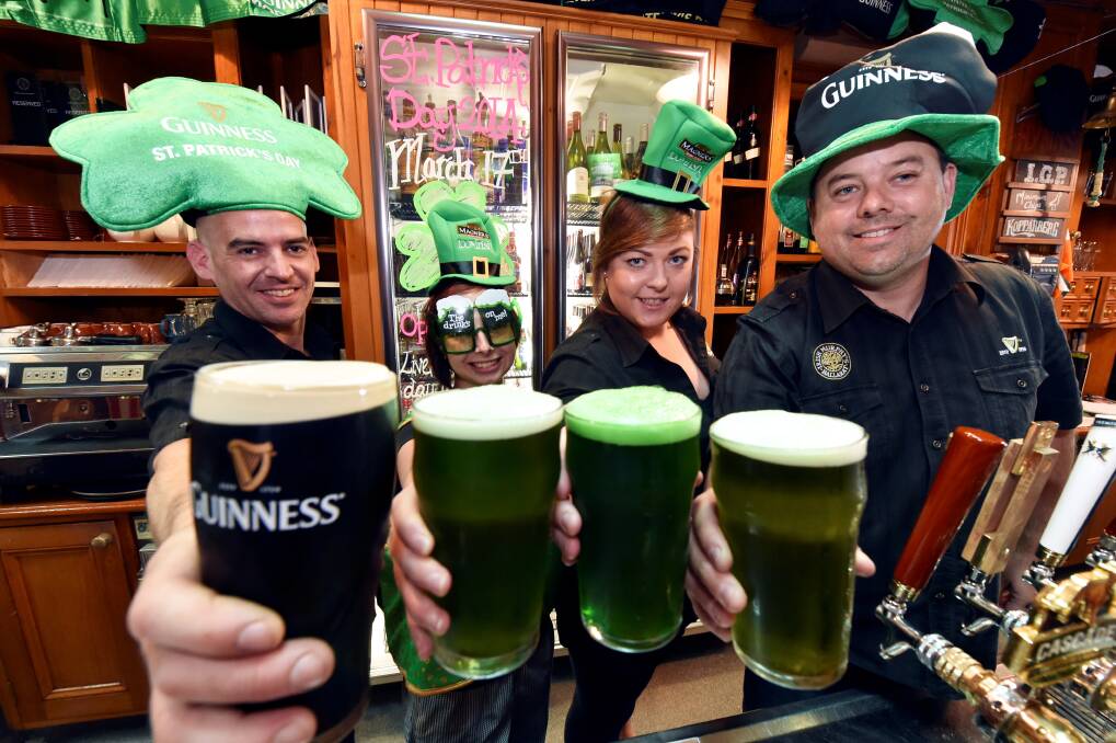 St Patrick’s Day preview at Irish Murphy’s with Paul Cornish, Bec Neale, Sonya Condon and Gary Wilson with green beer and Guiness. 